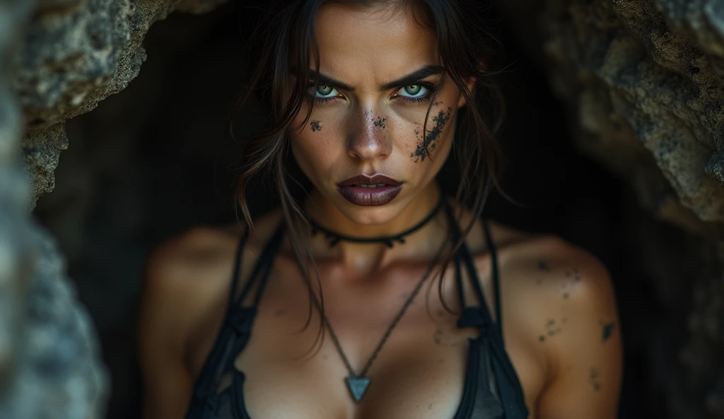 award winning ultradetailed raw not retouched documentary photo of a beautiful girl,  in dirty and rusty  armor. the face is dirty and cropped. baroque. raining in forest. medium shot, tighs, intricate, elegant, highly detailed, dramatic lights, 4 k, blemishes, freckles, deep skin pores, goosebumps, dirty skin, warpaint on the face, dirty uncombed hair, bra made of iron chains, rim lights