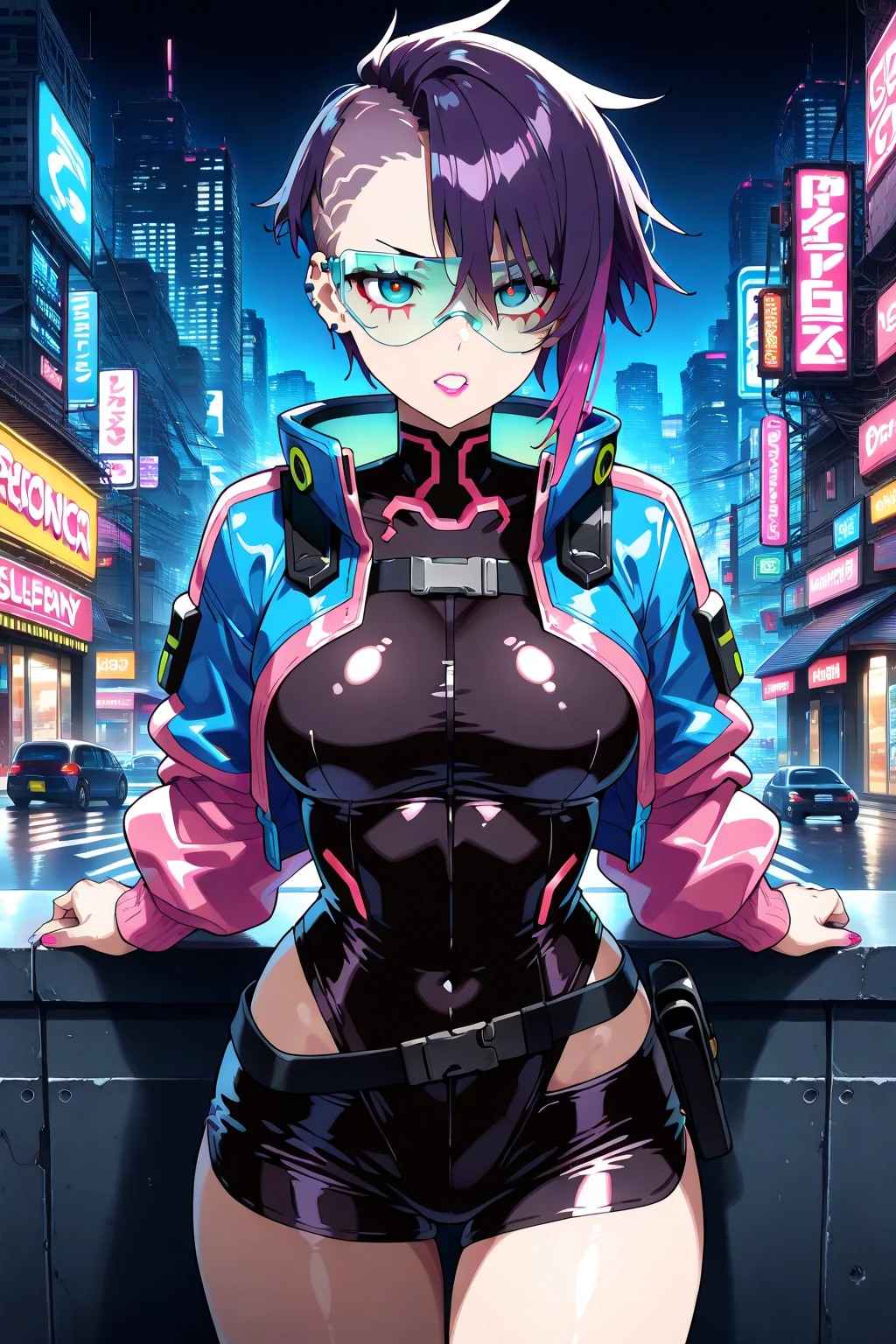 make a naked cyberpunk woman having sex with a man in a future city