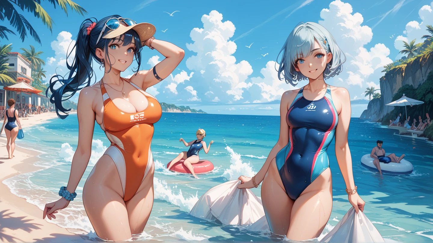 (High definition CGUnity 8k wallpaper), Marco、masutepiece, High resolution, Full body, 15 and 17 years old、girl with２a person、 Faraway view、tanned beautiful girl, Crotch open pose、beautiful beach volleyball player, Short black hair, Blonde ponytail、misaligned micro bikini, finely drawn pretty face, Shiny skin, Small breasts, free pose, with erect crotch, huge erect, holding with hand, in front of everyone, abdomen wet with, shame, Futanari, androgyny, pain, A smile、Look at viewers, seaside, Resort, white clouds, Blue sky