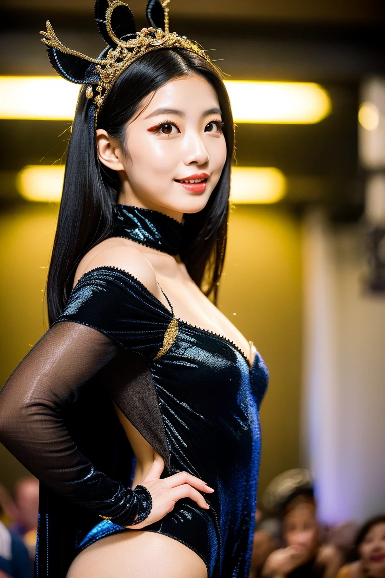 (Highest quality, Tabletop, Like the picture, Ultra-detailed, Ultra-high resolution, born:1.3), (1 female, Beautiful Japanese actresses, Age 25), Double Iris), (smile), Detailed face, Fine grain, (small , ヒップがsmall, Side Bust Barbosa), (Butt crack, Bare waist, Bare back:1.3), (black and navy mermaid dress:1.2), (From behind), look up_in_Audience, break black long hair, break (Mode, Red carpet, A large number of people:1.5), 