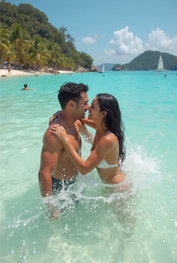 RAW photo, a portrait photo of 40 y.o billionaire white man and super attractive wife together celebrating life, casual style, standing in a bikini a 200 feet sailboat wondering about life, natural skin, 8k uhd, high quality, film grain, Fujifilm XT3, full body and head straight in the photo, facing the viewer of the photo, eyes fixed to the lens, appears shoulders and head in the photo, man and woman centered in the photo, 8k, best quality, masterpiece, realistic, realistic photo, movie photo, ultra realistic, 2 person, detailed, perfect lighting, DSRL, professional photo, 4k, background full view of the clear waters of the Caribbean summer with his attractive wife relaxing with a cocktail, 16:9 aspect ratio