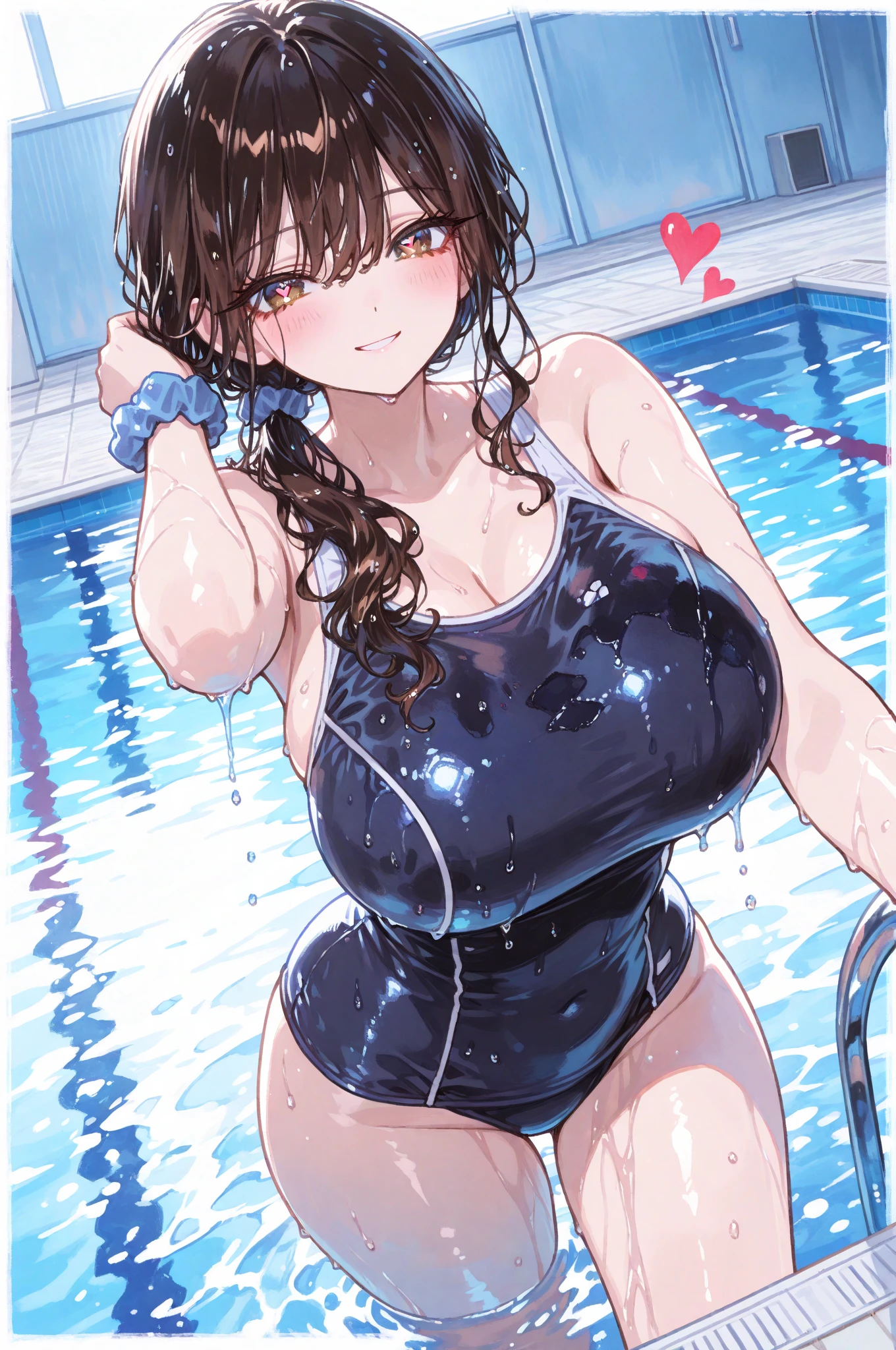 1girll,Extremely large breasts,Secretion of milk,Competitive swimwear,swimmingpool,Get wet,full of sweat,love heart