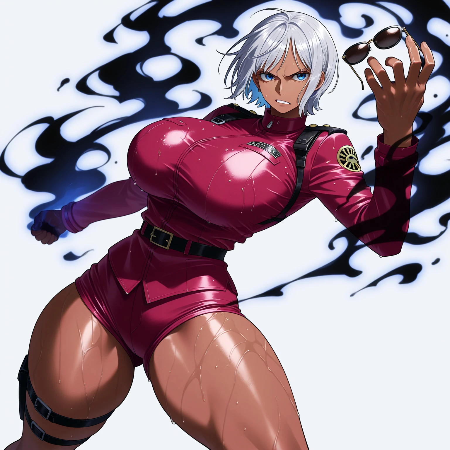 helga, dark-skinned female, short hair, silver hair, huge breasts, muscular female, thick thighs, thick arms, tomboy, holding axe, reflection light, blending, bloom, god rays, ray tracing, Fujicolor, drop shadow, Gothic art, anime, Ghibli-like colours, anime style, UHD, retina, masterpiece, ccurate, anatomically correct, textured skin, super detail, high details, high quality, award winning, best quality, highres, 1080P, HD, 4K, 8k, 16k,standing, warrior pose, axe holding,refsheet, charactersheet, red bikini, short pants, happy, smile, blush, pullover coat,