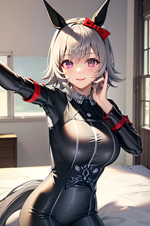1人の女性，22 years old，energetic，Raised sexy, tmasterpiece, Best quality, Thicker lines, Erection of nipples, silver hair，short hair，a right slice of hair dyed red，Northern hemisphere breast exposure， lips, Place your hands behind your body，Ultra Max_mediuml breasts!! Have breast shape_Melons, cleavage view, tightsuit, Superskirt, animeaesthetic