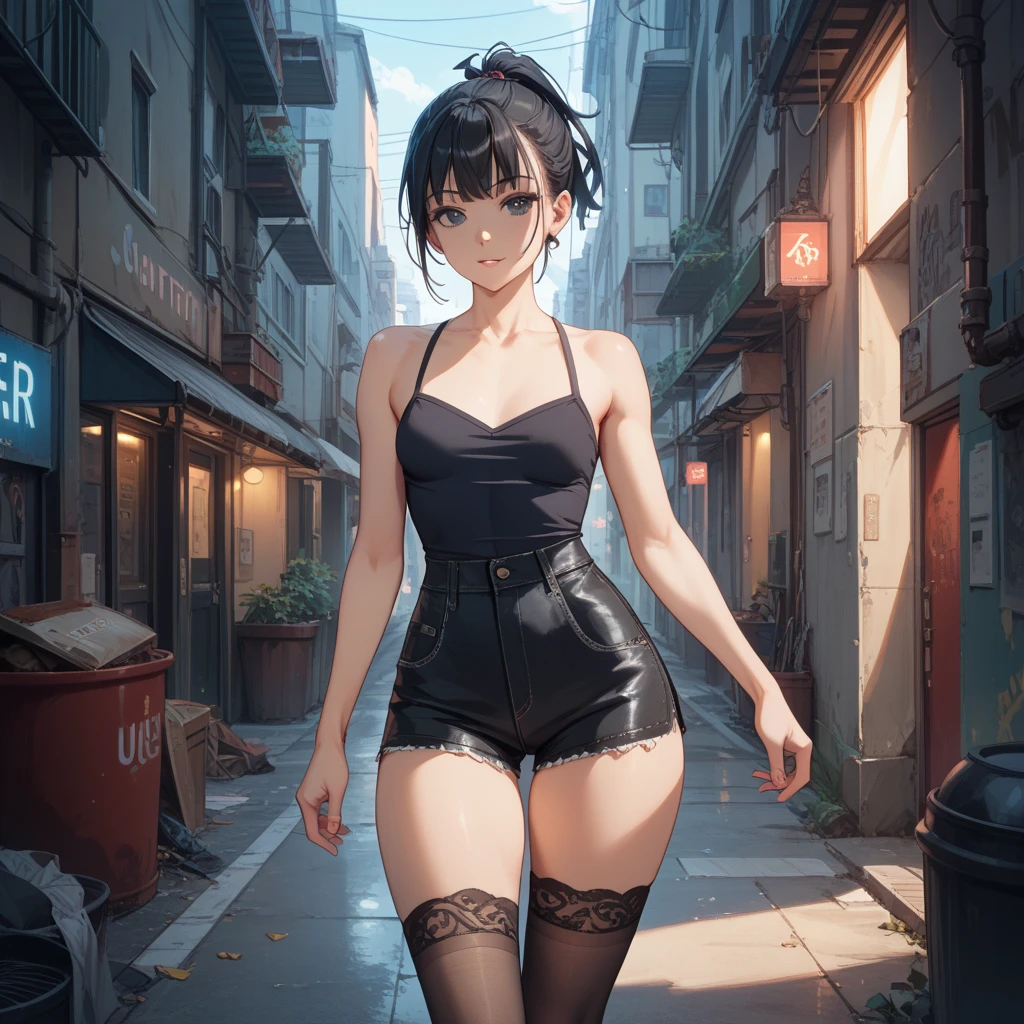 ((((ultra illustrated style:1.0)))),best quality,best animated,masterpiece,ray tracing, global illumination,hanntoumeibani, 1girl, solo,breasts, cleavage,thighhighs, gloves, looking at viewer, navel,bangs,outdoor,full body,standing,high heels,rabbit ears, fake animal ears, <lora:hanntoumeibani:0.6>