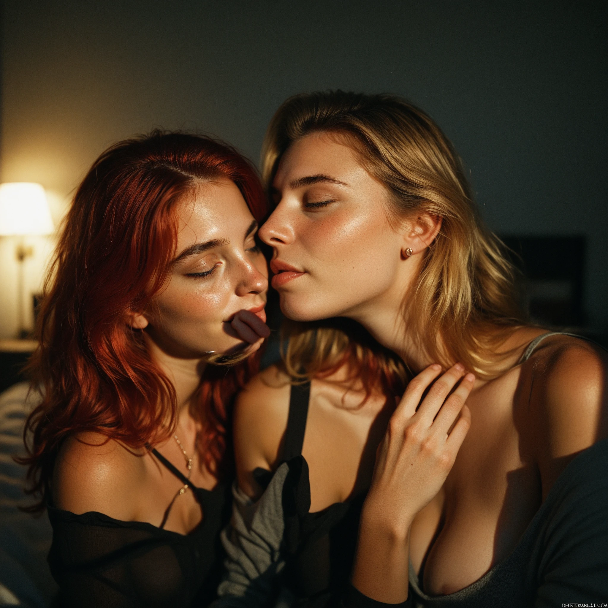 Goth teen girl with curvy waist and big thighs and big butt with short red hair and glasses wearing black sexy clothes and string thong being kissed on the mouth by a young elementary school boy 