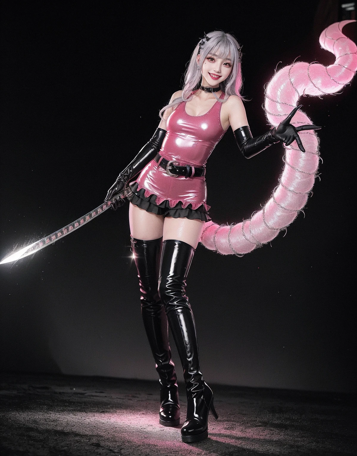 girl with octopus tentacles, short purple hair, beautiful emerald green eyes, closed mouth, exciting pose, smile, full body, unique costume with tentacles, looking forward, deep sea background, black and purple theme, playful and cheerful expression, black and purple costume with tentacles, lively design,