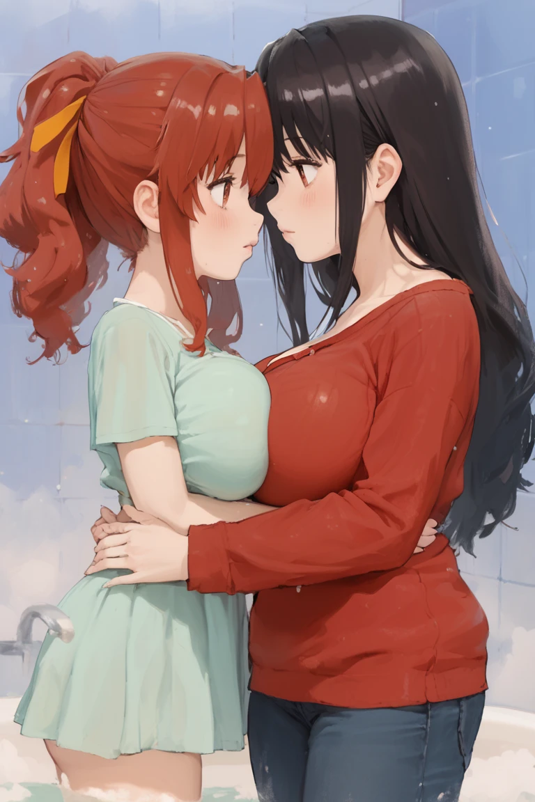 2girls，girl1：bbw、adolable，Black hair，Bob-cut hair，rcasual，Girl 2：adolable，A pink-haired，Long grey hair，rcasual。Kisses and hugs