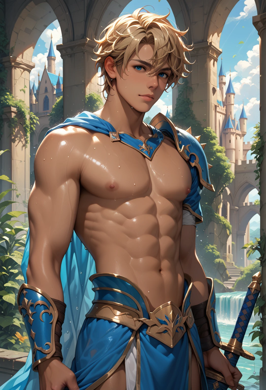 he-man, young, holding a sword, short hair, handsome face, very detailed,3d, ultra realistic, 8k, full hd, front face