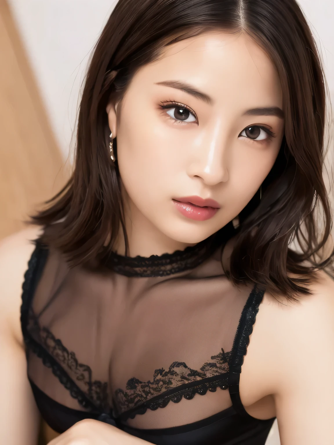 ((Highest quality, 16K, masterpiece: 1.3)), 1 Beauty: 1.3,  (hair: Wet Short hair), (face: Ultra Detailed face and Skin Texture, Fine grain, double eyelid, Fine brown eyes), (Costumes: Black Lace Babydoll), (Location: On the bed), Sharp focus: 1.2, Red face, Heavy sweating: 1.5, Soaking Wet hair :1.5、Sitting on the bed、Large Breasts、38 years old