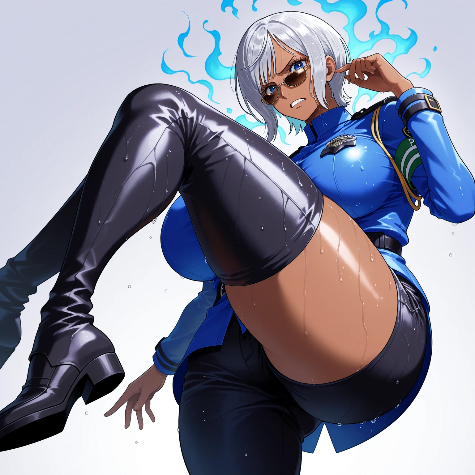 cheap, White hair ,red glasses Aura, hair ornament, Red eyes, earrings ,pomade, eyeshadow , bikini dunkellila, Wizard (Bikini-Krieger) ,black boots above the knee, black elbow gloves, leggings, ??? on clothes, (shiny leggings), (??? on leggings:1 4), abs, sweat