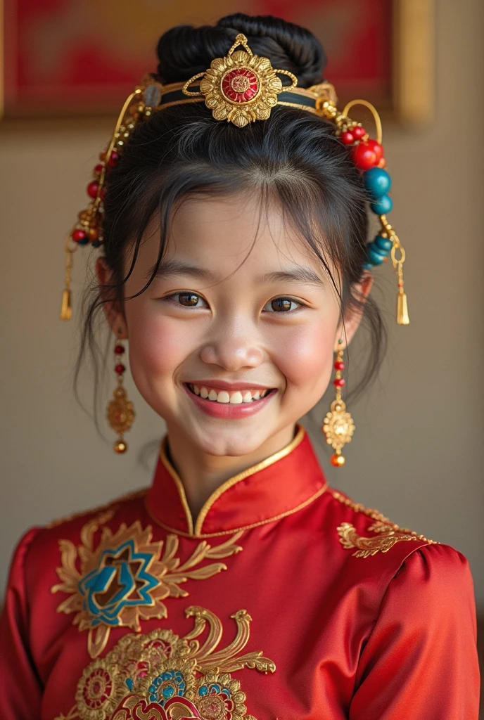 Vietnamese female student, very big breast, wearing ao dai , 10 years old, in class