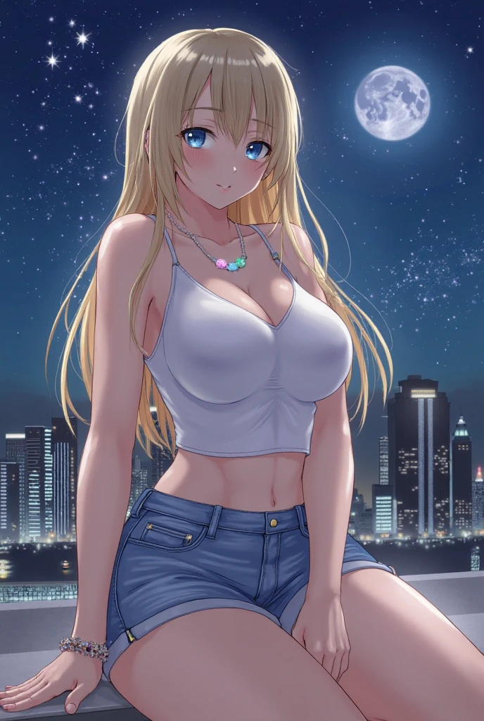 Masterpiece, 4k, extremely detailed, single girl, flowery field, evening sky, moonlight, large breasts, space between breasts, short shirt, thin shirt, black bra, tied hair, blonde hair, skirt,