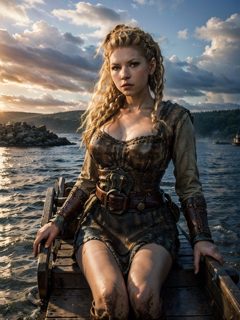 Masterpiece, a beautiful Viking woman, (Katheryn Winnick:1.1),, (peasant bodice), (ultra gigantic tits:1.3, SuperHuge boobs:1.3, ultra huge cleavage:1.3, ), (perfect body),  outside, dirty,(skin texture:1.1), best quality, ultra high res, Raw photo, Nikon D850, backlight, rimlight, bright sunlight, film grain:1.2, (warm hue, warm tone:1.2), (color photo), fantasy Viking village background