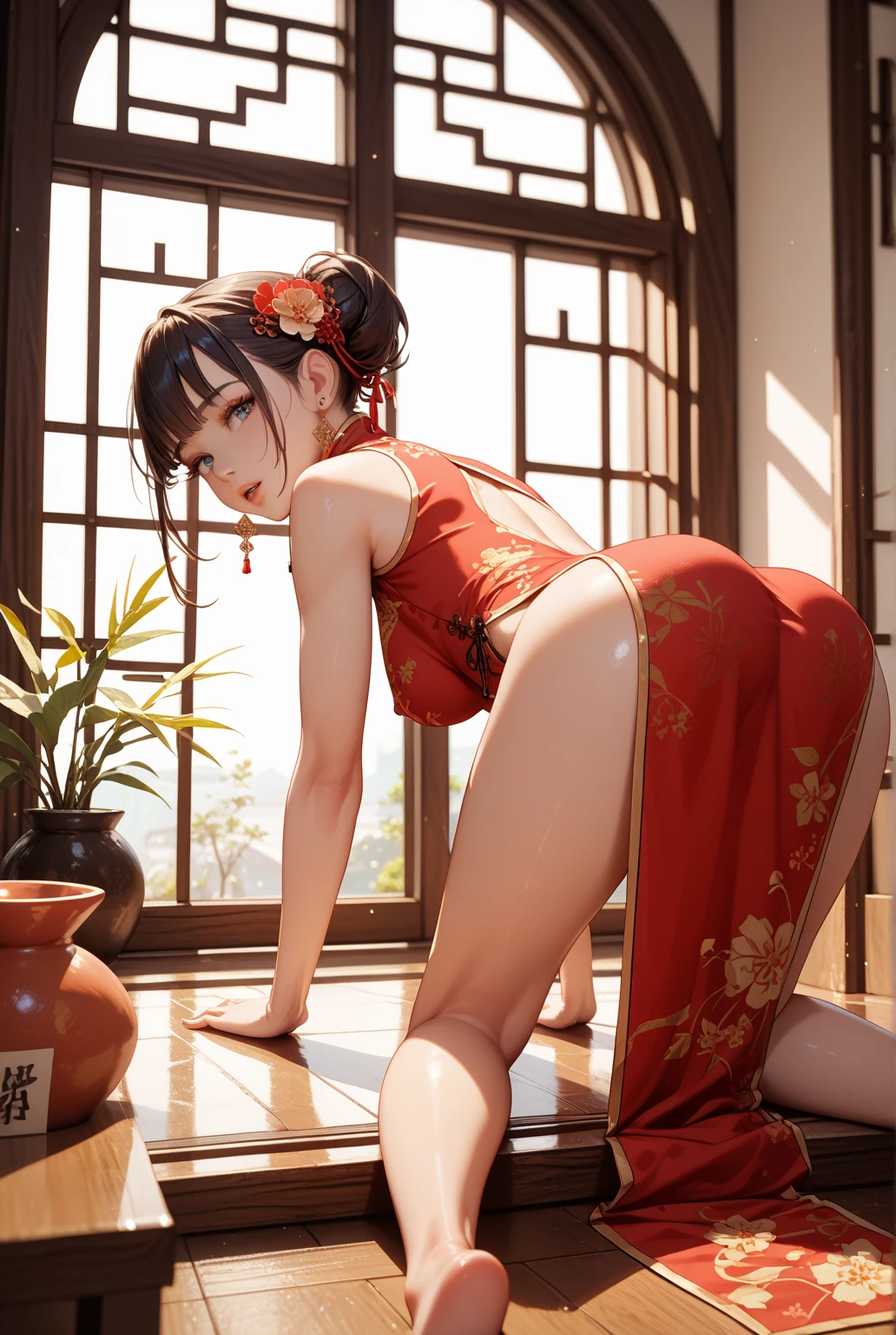 ((Premium ultra detailed business photo)), 8K Masterpiece Premium Quality, Ridiculously detailed lighting, Perfect lighting, Extremely detailed (Beautiful goddess in vertical dazzling light), Aesthetically realistic rendering,Unreal gorgeousness, (Tyndall effect diffuse transparent embroidery) ，Transparent and radiant pearl skin, Ancient hairstyle,Beautiful Chinese model, Sexy pose, very Sexy pose, Rear view,Chinese Girl, red bikini, Back posture, View from behind, Cute and elegant pose, glowing red, Shot from behind，plump ass