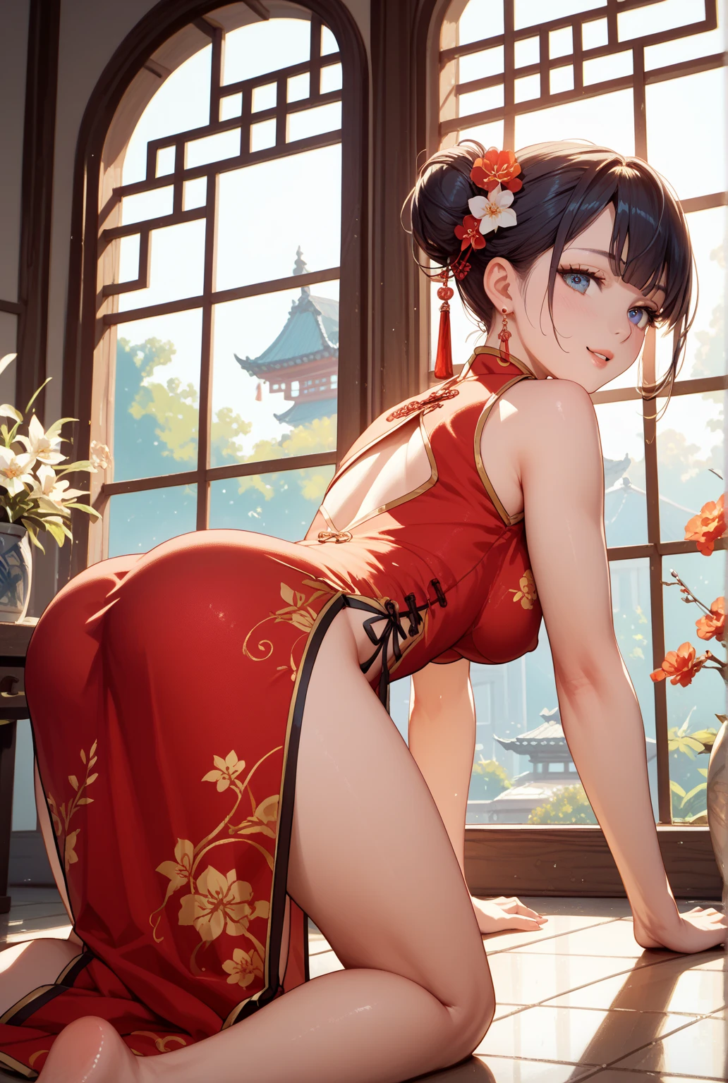 high resolution, adult woman , good lighting, despicable, , (no nudity), (((chinese dress))), (()), ((())), (garter belt), just abdomen, (), , cute face, yo'I'm embarrassed and blushed, humiliating, ((Turn around and look back)), ((transparentes))()(T-back)(a large amount is in the body,)