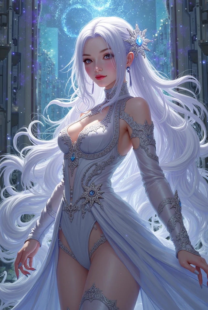 wood, Detailed mini ice spikes and crystals, Frozen waterfall as background, Light reflected on ice crystals, Flowing snowflakes.Beautiful woman、white hair、cutegirl,Realistic people,black dress
