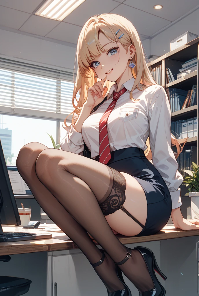Browsing Caution, アニメ、Highest quality、Unity 8k wallpaper、32k、masterpiece、Ultra-detailed、Ultra-high resolution、(Natural soft light:1.2)、(Very detailed and complex)、Beautiful face and eyes in every detail、Sharp pupils、smile、High heels、Woman in skirt and shirt sitting on the desk, office服, on the desk, Sit at a desk, Sitting at a desk,Bent knees、Spread your legs、Spread your legs、Panty shot、 Business casual attire, Sexy、Business Attire,office, At work, Wearing glasses, Fully clothed, business attire, Embarrassing, smile、business suit、Cleavage、Sexy