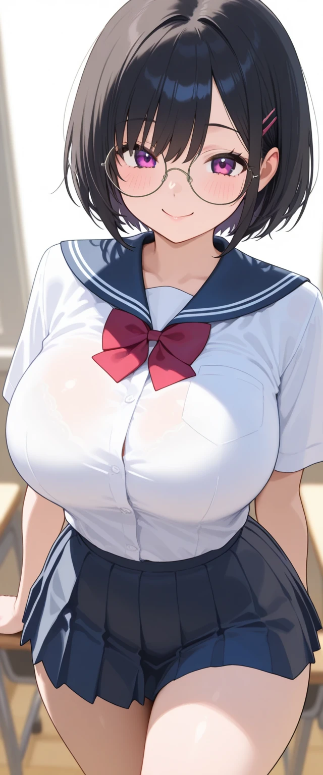 Asagi Igawa、Black Hair、Long Hair、Green Eyes、Super huge breasts、、Super Breasts、、Wet Skin、Dripping Sweat、 high school student、uniform、whole body、、Hotel