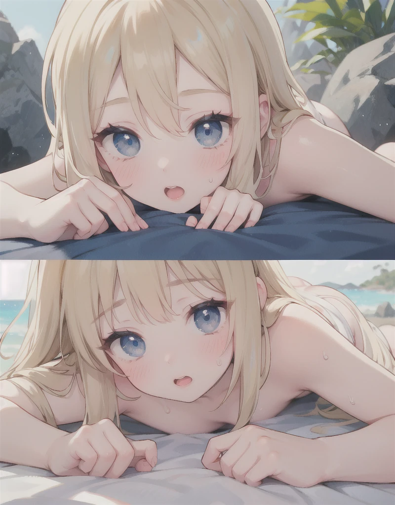 Barbara Genshin Impact game style, 3D,on beach,naked,resting on stomach on top of the towel,horny,looking at viewer,winking,smiling