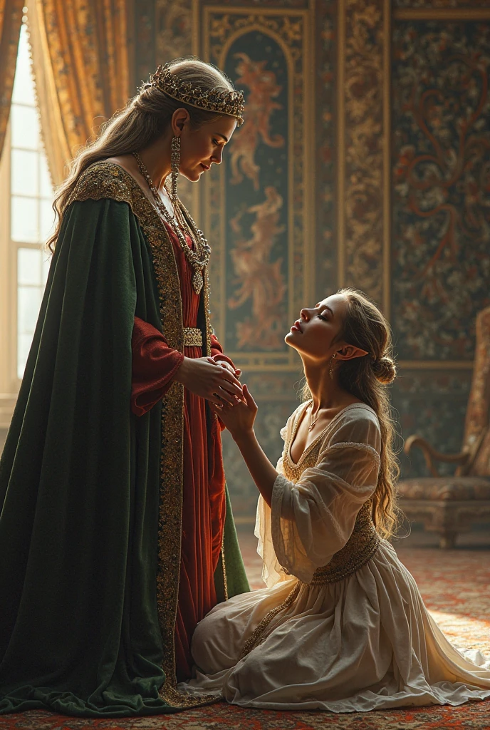 beautiful little medieval russian princess girl 9 year old being harassed and groped in a dark room white dress by an older man 35 years old touching her legs, kissing her breasts