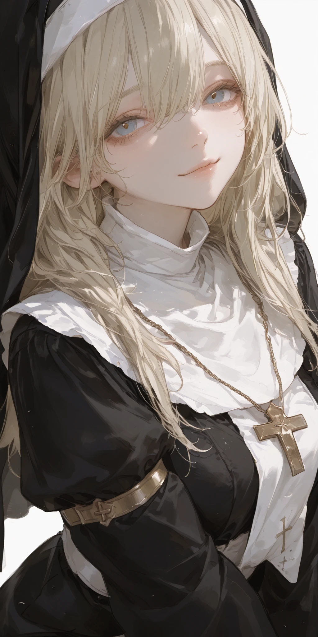 best quality, masterpiece, ultra detailed, atnr, SagawaStyle, 748cmstyle, 1girl, CHARACTER FOCUS, minimalist, simple background, overly detailed pupils, blue eyes, nun, long blonde hair, looking at viewer, archaic smile, half closed eyes, only one cross on chest, entire body