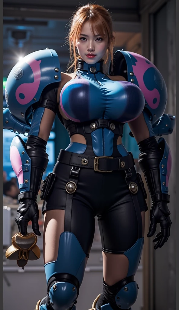 The highest image quality、Exceptional detail、超A high resolution、(真实感:1.4)、The best illustrations、Favor the details、Highly condensed 1girl、looking at the viewers、with a delicate and beautiful face、full armor female solo、His body is covered in metallic green mecha.、Wearing a mecha helmet、Has a direction controller、Riding a motorcycle、The background is a high-tech lighting scene of a futuristic city。(Sharp Focus:1.2), Photo, attractive young woman, (Beautiful face:1.1), Detailed eyes, luscious lips, (smokey eye makeup:0.85), (large full breasts:1.7), (athletic bodies:1.5), Arafe woman solo with ponytail hair、Fitness Model、Five-fingered、thin and long legs,、red hairs、blue eyes、Fitness Body Shape、Pose ready to fight、Mischievous smile