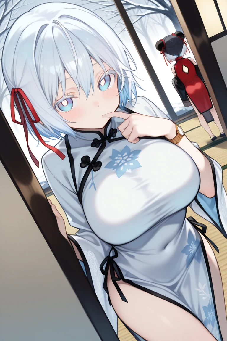 Yukino, Silver hair and eyes in a wet white t-shirt, anime visual of a cute girl, in home, ahegao face, in the anime film, in an anime, anime visual of a young woman, she has a cute expressive face, still from anime, big breast use pantyhose, fair skin, sexy body