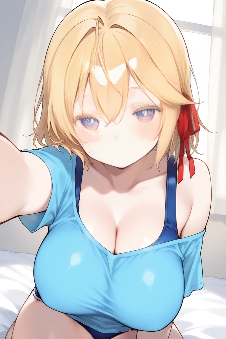 one girl, striped bra,striped panties,boobs,tall of a person,thin,sharp eyes, beautiful face,slender face,squatting,open mouth,drooling flushed cheeks, embarrassed,painful,short bob,wave hair,gold hair,blue eyes,indoor,on the bed,masterpiece, extremely fine and beautiful, illustration, anime, black thick outline, licking each other, from above, wet body,watching at viewers