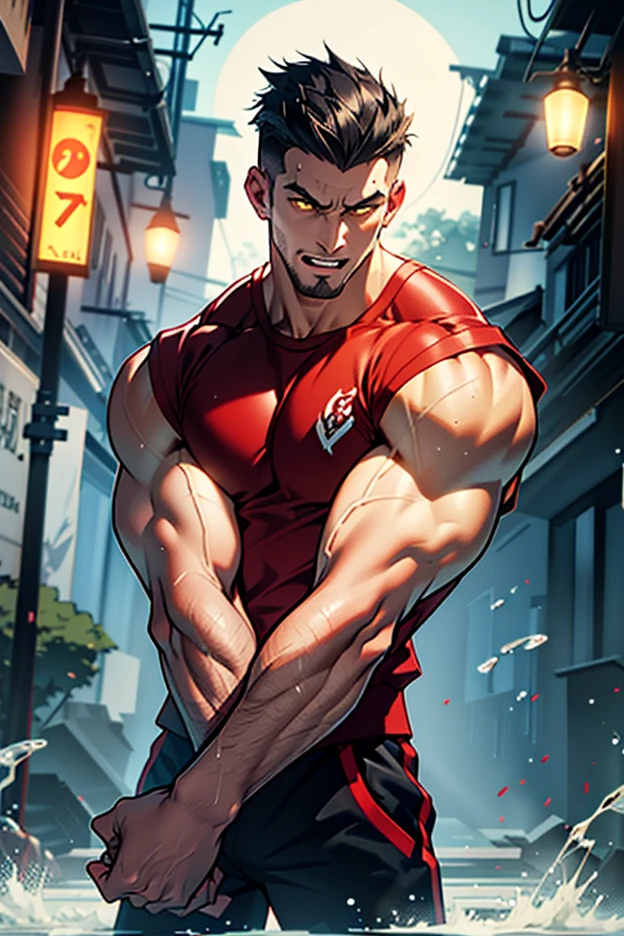 Tekken style character, young man of around 30 years old, fighter's physique, young man with Latin American features, light brown eyes, short shoulder-length hair with long bangs, small and soft beard, black fitness shirt, black fighter's bands on the hands in training gym