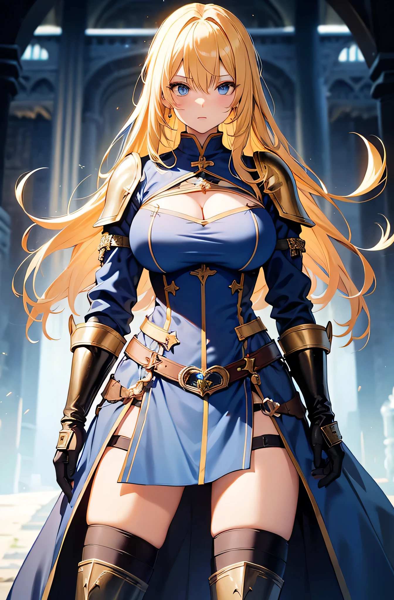 A blonde caucasian woman wearing medieval European armor stands with a sword in one hand、A peerless beauty with a slender yet well-proportioned body