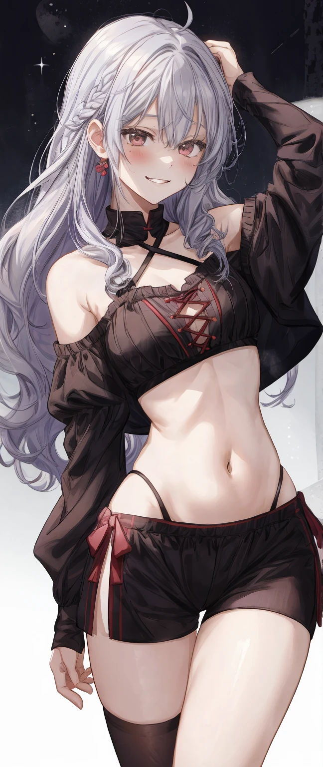 1girl , mature , adult, Solo, tall, wavy hair, Shy face, smiling, luxury set, lace panties, (intricate lace black panties), perfect breast (intricate lace bra) fishnet, boots, open jacket , black punk Jacket,