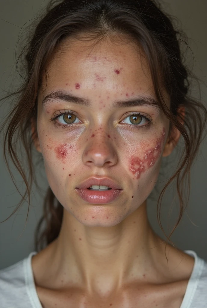 (Photorealism:1.2), a mature ugly woman, acne, facial wrinkles, impure skin, dirty white tank top, 40 years old, portrait, ponytail haircut, frontal, no facial expression, high resolution, 4K, UHD, high detail skin Texturen, no makeup, neutral background