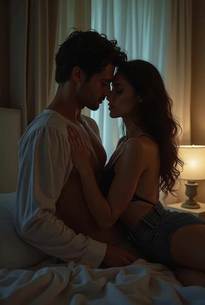red-haired man, 1,80 tall, chic, Body cute, in black dress pants, white button-down shirt with rolled-up sleeves, sitting on the edge of a hotel bed, with a dark-skinned Brazilian woman, flat hair, long and black loose, new, sitting on this man&#39;s lap, facing. os dois sorrindo.