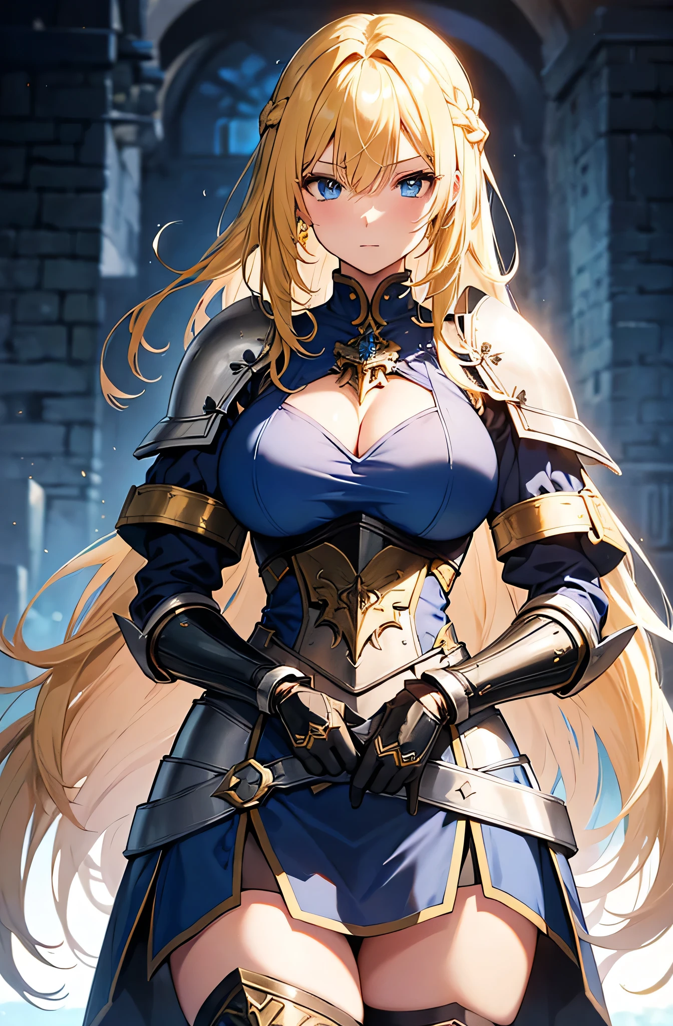 A woman with long blonde hair they would have braided, she would have dark souls style knight armor. Green eyes. Big tits.