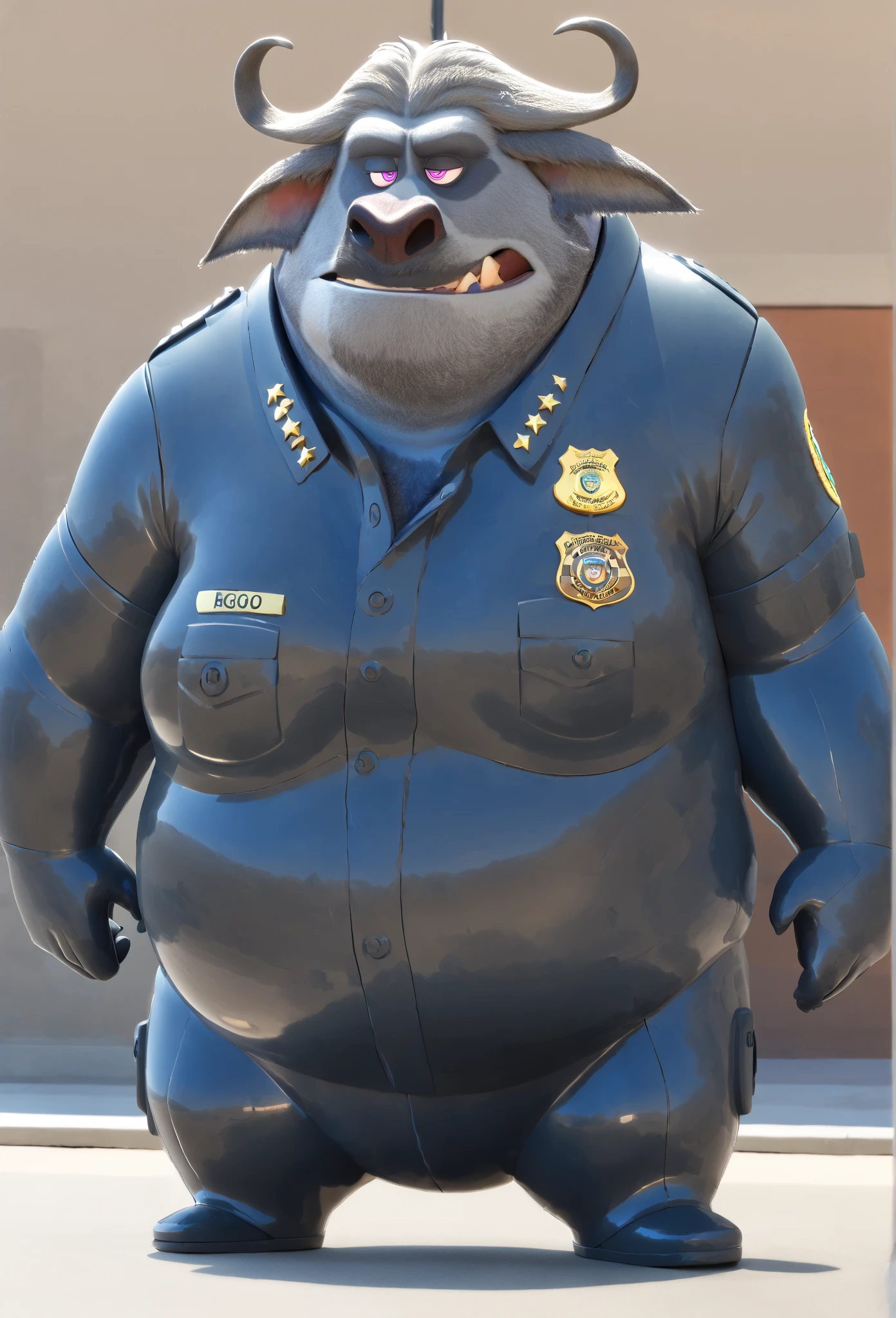 solo, elk, anthro, male, chubby cheeks, detailed face, obese, very large belly, wearing police officer uniform, holding a box of donuts, happy, indoors, inside lobby