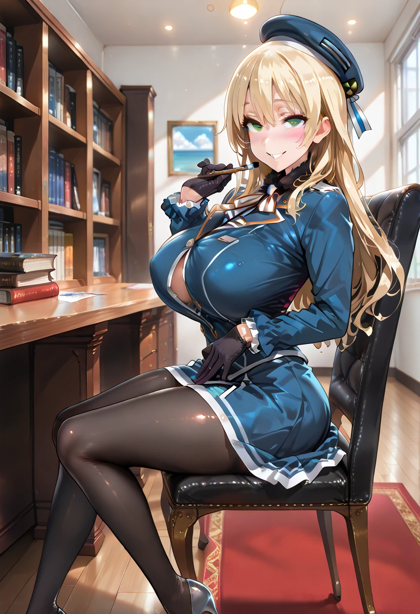 anime (Sekirei), adult lady , sexy (very big tits ), actress (Tsukiumi) , blue eyes , blonde / yellow long hair that is hip / past length, kyonyuu, bikini black dress, cape, stockings, boots, hair intakes, collar, She is reading hot water at home. 