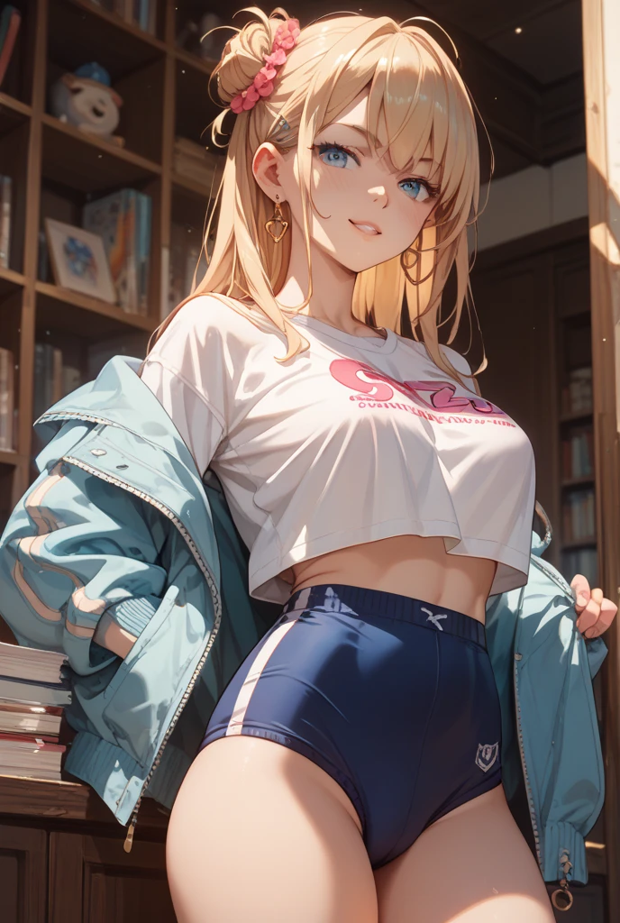masterpiece,best quality, ultra-detailed,1girl(sakurai momoka, lovely small breasts, glow skin, wavy hair, long hair, blonde hair, headband(red ribbon),green eyes),a face in love, smile, open mouth, glow lips, head tilt, facing viewer, looking at viewer, nose blush, blush, solo, blue jacket, white tank_top,covered nipples, navel, blue short shorts,  fishnets pantyhose, in the locker room,  standing, a seductive pose,  sexy waist teasing , from_below 