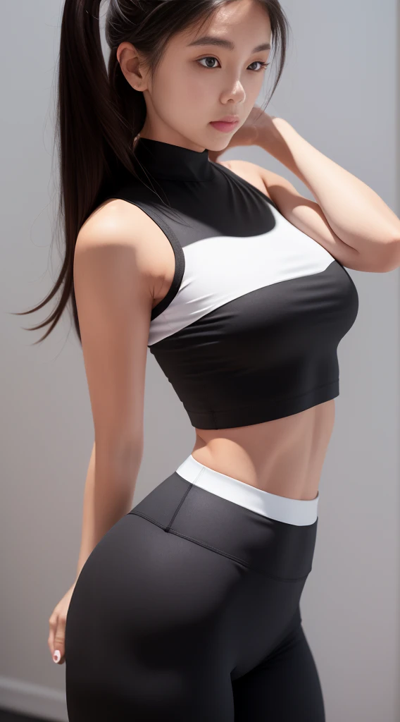 masutepiece, Best Quality, Live action, Ultra-detailed, finely detail, hight resolution, 8K Wallpaper, Perfect dynamic composition, Beautiful detailed eyes, Medium hair in a ponytail,Huge chest under the shirt:2.0、Natural Color Lip, Bold sexy poses,Smile,20 years girl、Cute、Sexy shot looking at camera、Shot from the knee up、full body seen、((Being in the gym:2.0、Long Sky High Neck Long Pants Yoga Wear、Black walls、Power Rack、From the knee up、Line、big eye、long lashes、Colossal tits:1.5、sideshot、))