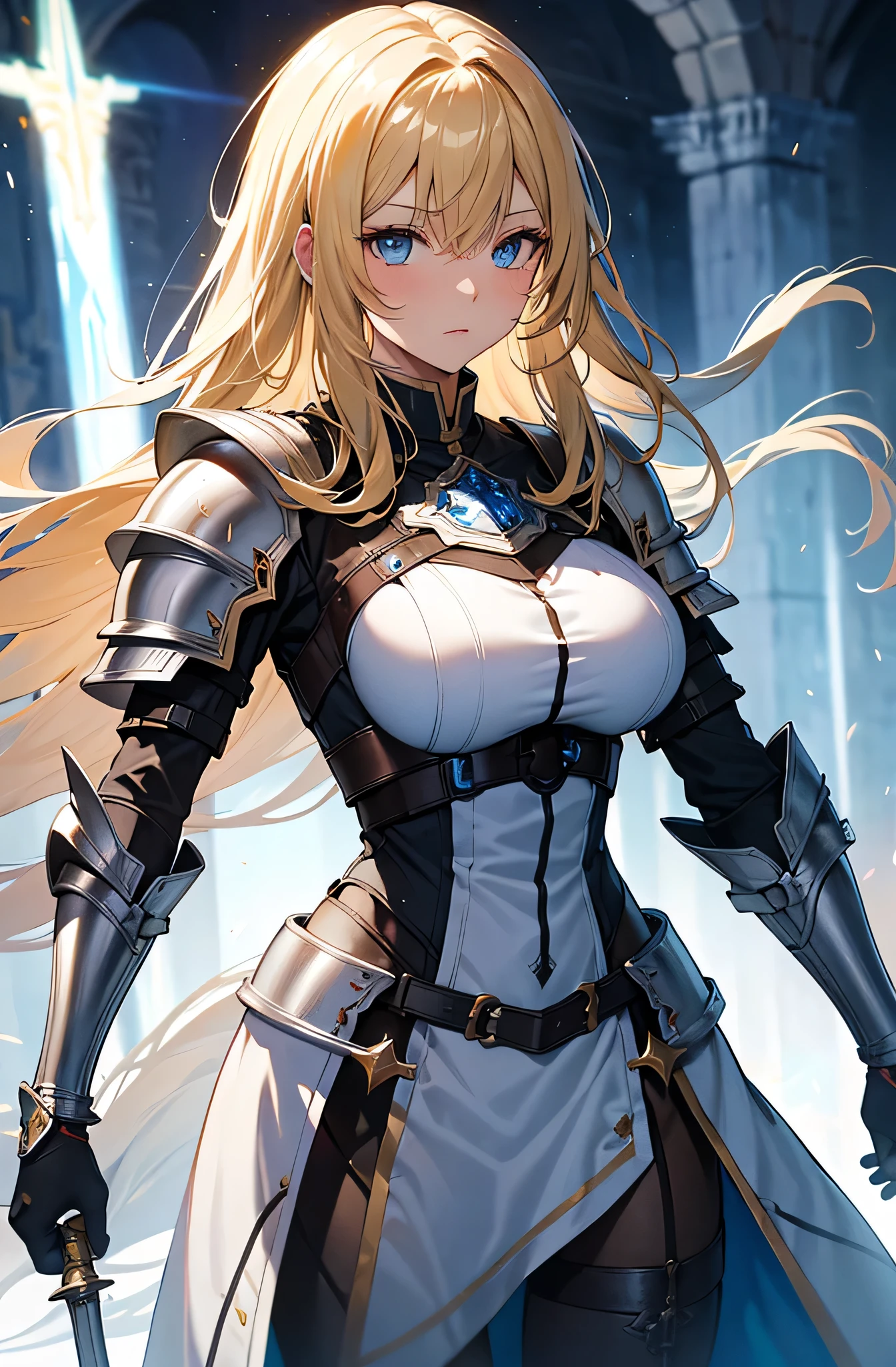 Outside the castle1 30-year-old female、Blonde long hair、Knight Commander, training style,bra top,spandex,raced-up-long-boots,(holding sword、Claymore Great Sword),