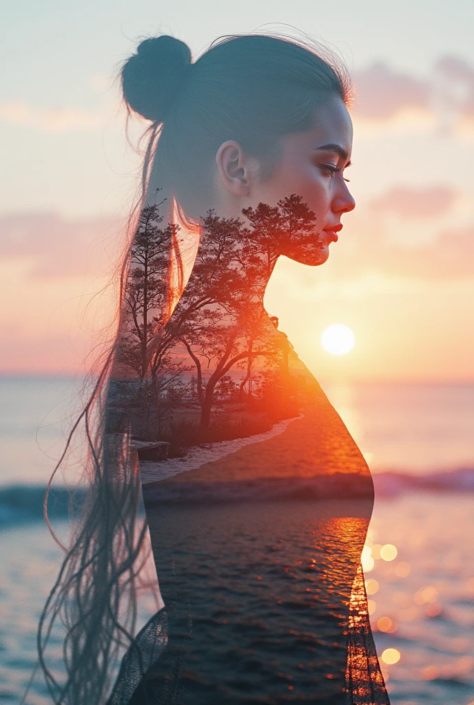 masterpiece, best quality, Ultra-high resolution, beautiful, Visually stunning and shocking, elegant, Extremely detailed, One World, 1 busty girl, (black background:1.2), Simple background, dynamic poses, Sunset, In a forest, The Tree, landscape,