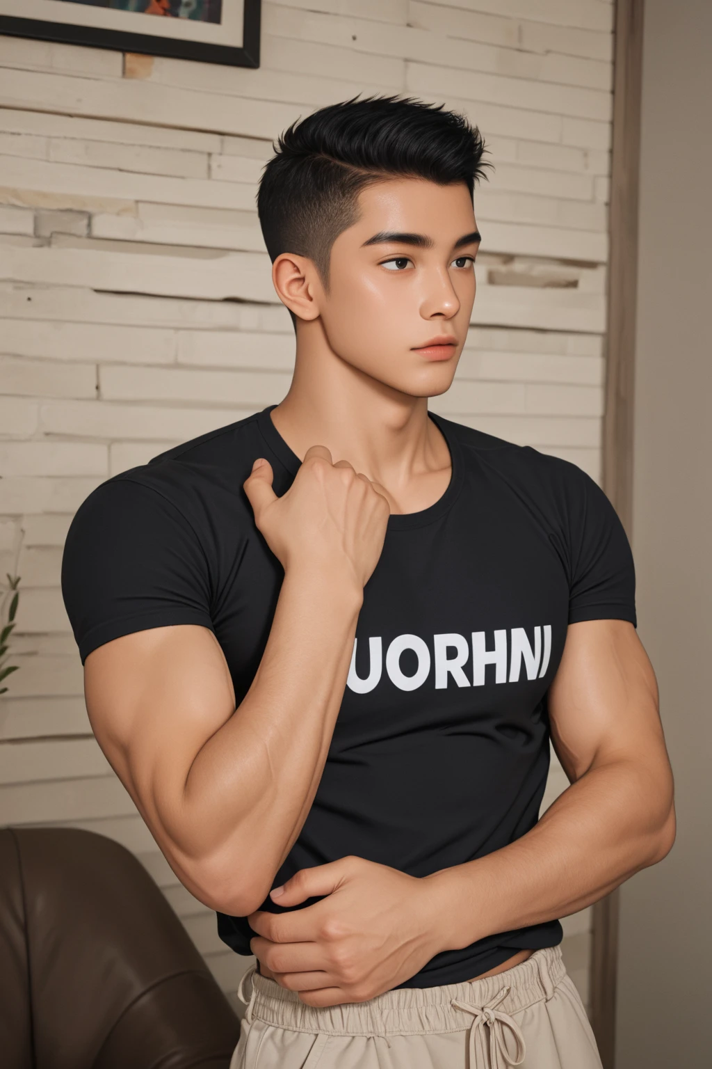 Um coreano de 22 anos, 1,80 descargas, has black hair and a mean expression on his face, cold expression, is wearing transparent black clothes showing the skin, e uma cueca preta, wearing an open shirt showing the abdomen, peitos grandes,, And he's in a tech room, Quarto branco futurista, roupas transparentes, few muscles, too much muscle, Fundo, Ativo, badboy, roupas transparentes, Transparent pants, roupa transparente, gangster tatuagem