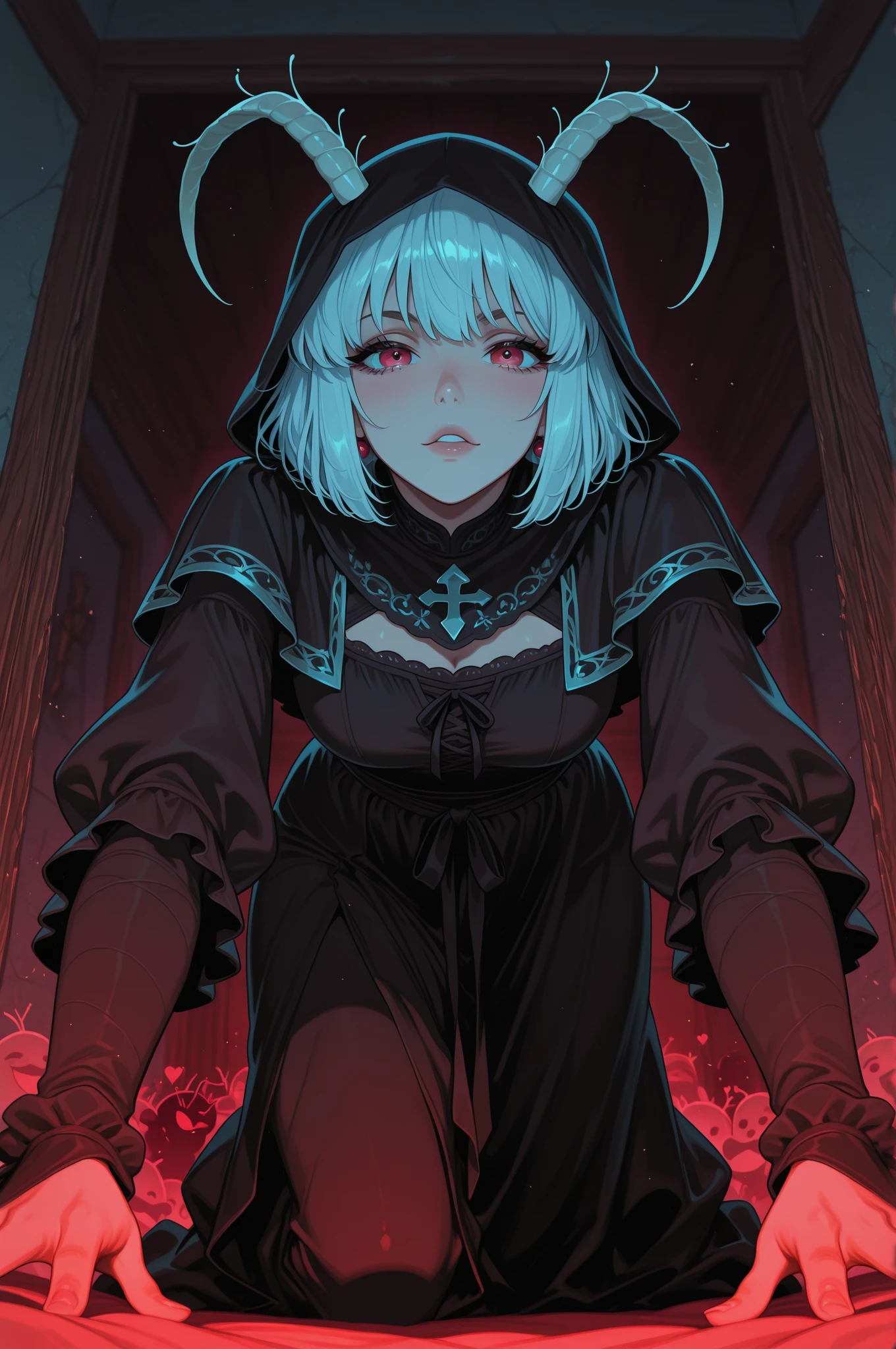 necromancer girl bobcut hair, white hair,  [orange | purple] eyes, elegant long laced [gold | black] cloak, medium breasts, glowing runes on the ground,  in a cemetery, [creature | human] skulls, (illustration:1.1), (perfect details:1.1), landscape, background, abstract, fisheye lens, from above, rim lighting, candle light, (in night time:1.2) (8k) (best quality:1.4), (masterpiece:1.3), ultra-detailed  <lora:add_detail:1>   <lora:epi_noiseoffset2:1>