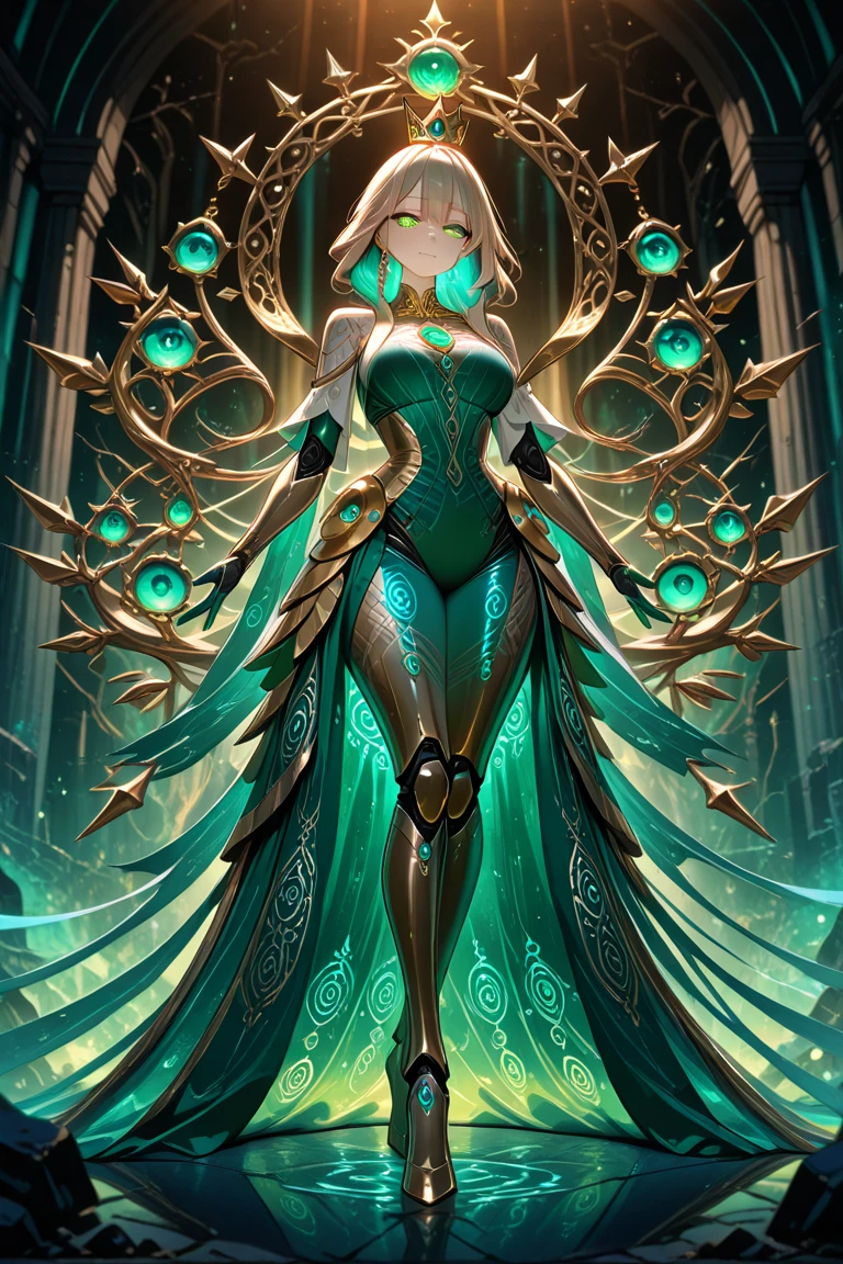 a portrait of a elf woman with freckles and bright striking blue eyes posing for a photo,full body, long pointy ears, thick legs, muscular, fit, defined abs, thongs, (cameltoe) white freckles, long flowing green hair flying, portrait, beautiful pale makeup, color portrait, stunning portrait, elegant freckles, wearing black thongs, black gloves, starshine, gold dust spread across her skin and her face, walking. Dark background of magical night forest, deep woods, towering ruins, starlight skies, suitable for viewing in public places