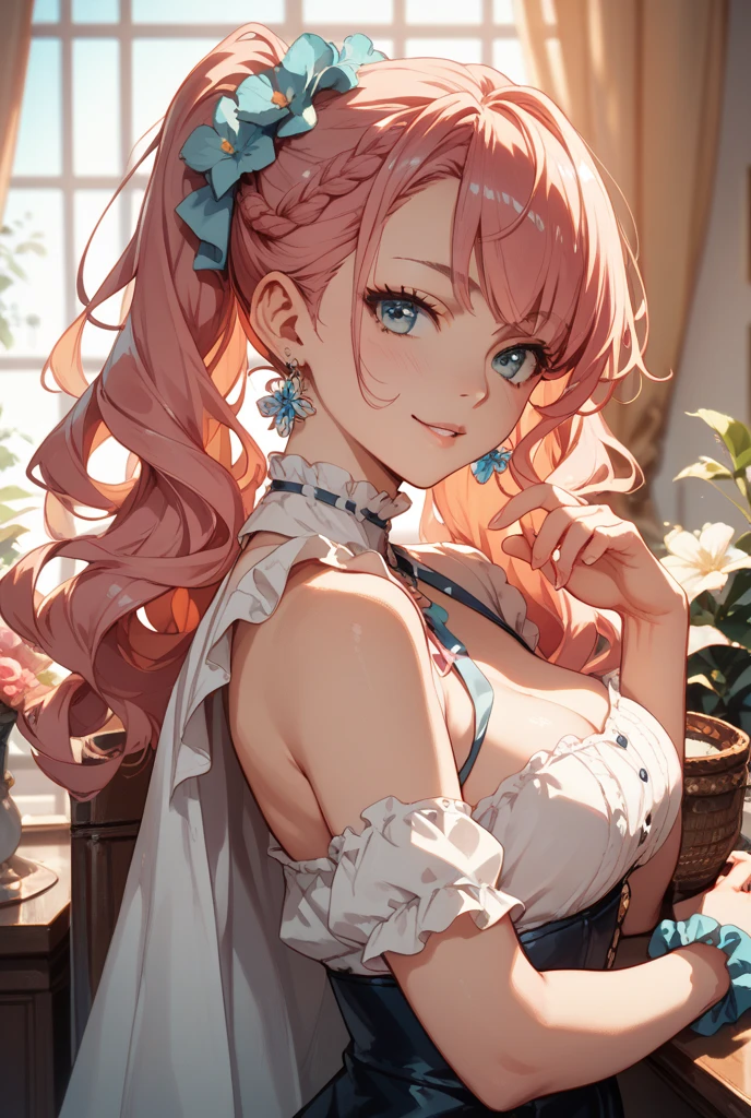 ((Best quality)), ((masterpiece)), (detailed), ((perfect face)), One Girl、Pink long hair、blue eyes、A white dress with black lace、large pink ribbon on the chest、Ocean、Waving、smile