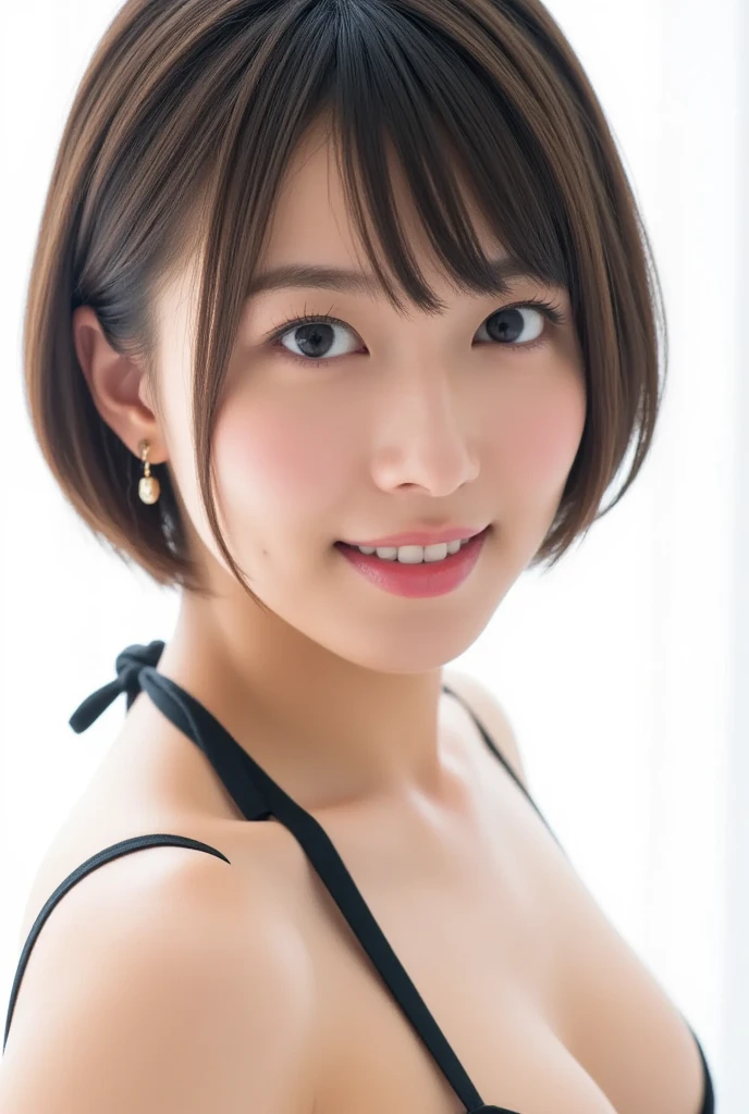 masterpiece、Highest quality、High resolution、Tabletop、wallpaper、Realistic、Bright lighting、Professional Lighting、Face Light、Smooth lighting、Japanese women、Adult、Beautiful woman、action、gravure、sexy、so beautiful、Beautiful Skin、Beautiful and detailed、Detailed face、slim、moderately、short hair、Brunette Hair、Brown eyes、Looking into the camera、smile、Cleavage Information
