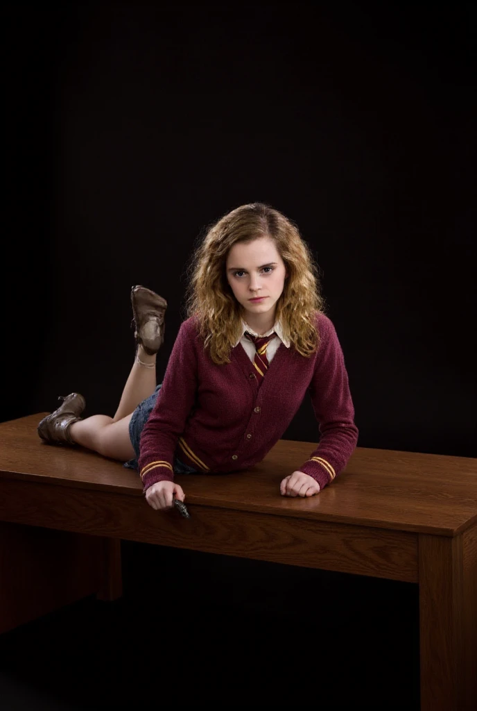 emma watson as hermione granger in her gryffindor uniform, sitting on an armchair, hands resting on the armrests, legs apart, bare feet