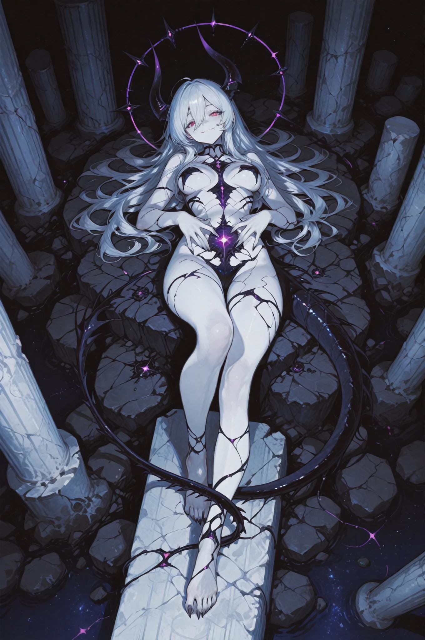 Highest quality, masterpiece, Ultra-high resolution, female、Big Breasts、Creatureization、Malformation、Spooky face、Discolored to blue-gray、Arms are distorted masses of flesh、fingers long、Spikes grew、My thighs are covered in suppuration