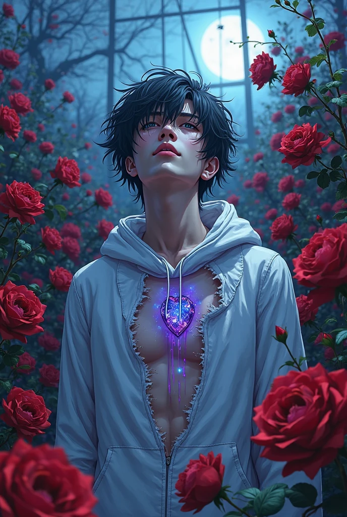 Generate an unprocessed digital illustration featuring a male protagonist inspired by the aesthetic of 'Mob Psycho 100.' The protagonist should possess captivating eyes, emitting an intense, deep stare that draws viewers in. Keep the illustration raw and unedited, showcasing the raw beauty of the scene without any additional processing. Experiment with glitch art and acid wash techniques to create a visually striking effect, while maintaining the authenticity of the composition. Utilize a neon drip aesthetic to infuse energy into the illustration, engaging the viewer with an attention-capturing presence. Outline the subject with a neon glitch outline to add visual interest, and integrate ethereal, spectral motifs to enhance the overall mood. Apply a double exposure technique to blend reality with fantastical elements seamlessly. Depict the male figure wearing a crown of intertwined roses, varying from buds to full blooms, with soft petals falling around him.

