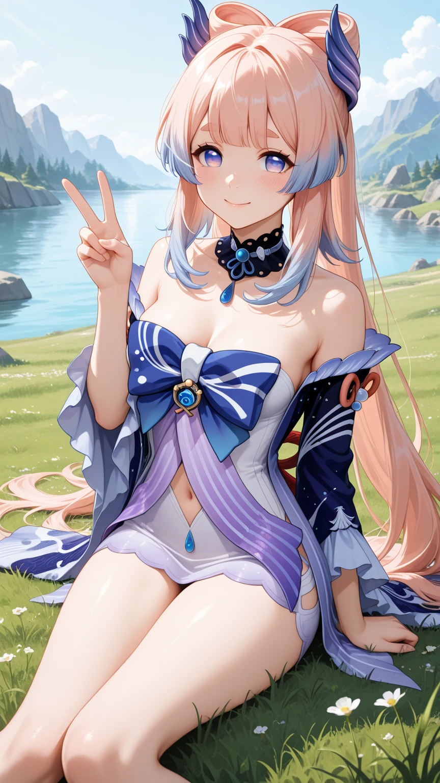 (masterpiece), best quality, expressive eyes, perfect face,w sitting, w sitting on ground, arm between legs, both arm between legs, anime character,genshin impact,woman,kokomidef,kokomirnd